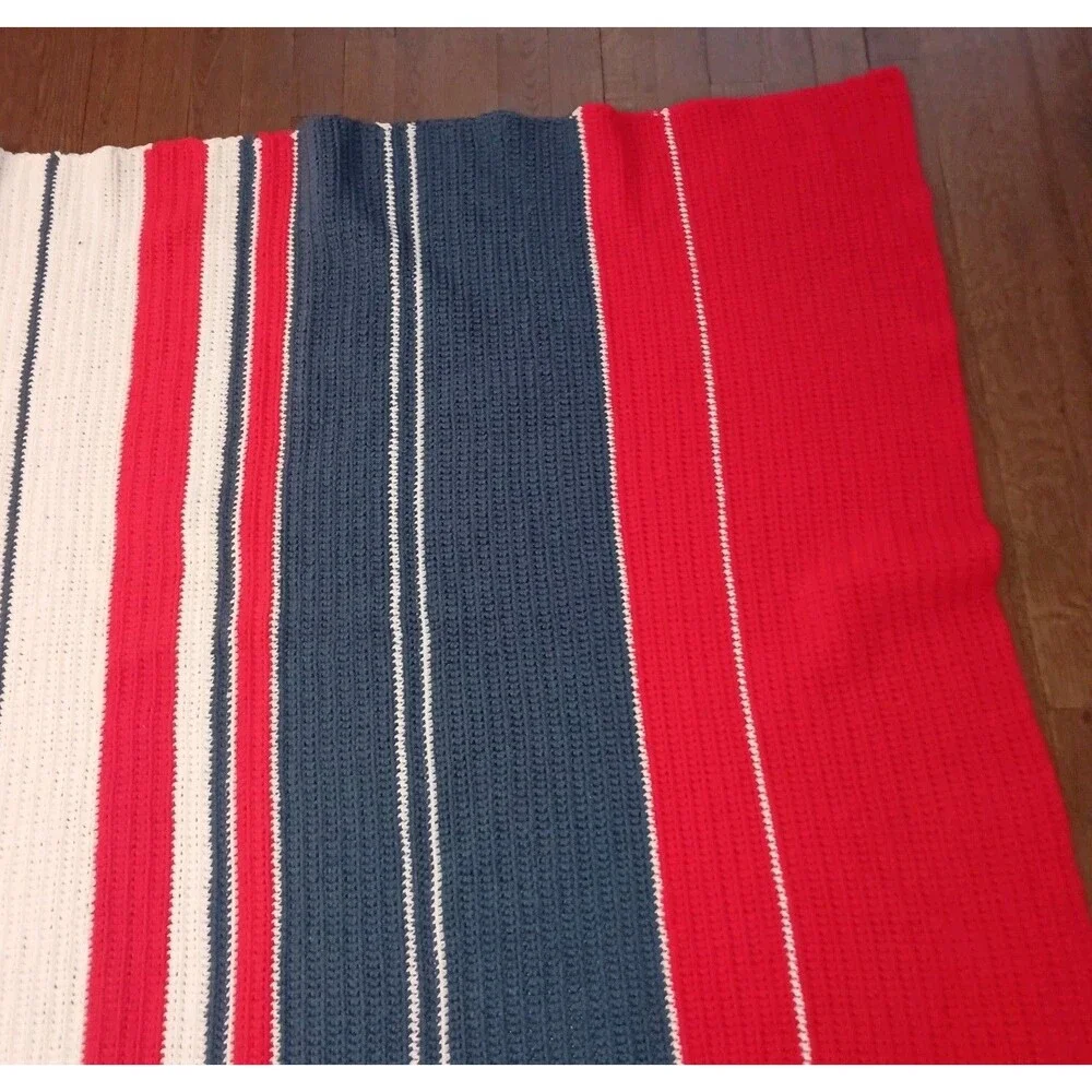 Vintage Hand Crocheted Afghan Throw Blanket Patriotic Red White Blue 43 x 53.5